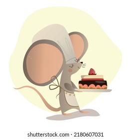 Cute Mouse With Big Ears In A Chef's Hat With A Tray On Which There Is A Cake