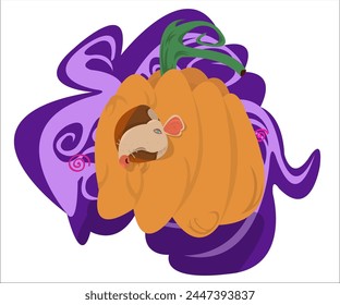 A cute mouse in a big pumpkin; vintage cosy background. This cartoon illustration can be used as a logotype for zoo shops, zoo stores, veterinary clinics and as a print for t-shirts. Vector, isolated.