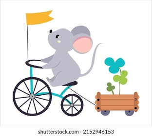 Cute Mouse Biking or Cycling Riding Bicycle Pulling Trolley with Trifoil Vector Illustration