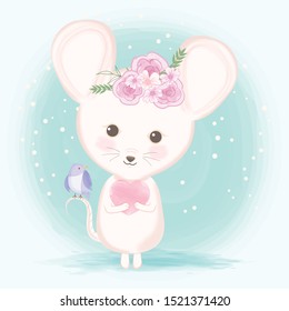 Cute mouse with bird hand drawn animal illustration watercolor on green background