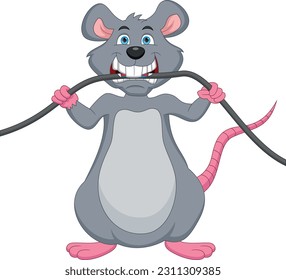 cute mouse biting the power cord cartoon