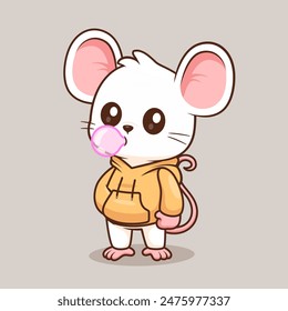 Cute Mouse Blowing Gum With Hoodie Cartoon Vector Icon Illustration. Animal Fashion Icon Concept Isolated Premium Vector. Flat Cartoon Style