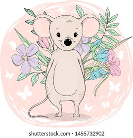 Cute mouse with bouquet of flowers on pink background. Colorful vector illustration in sketch style. Hand-drawn.