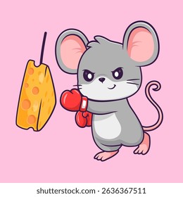 Cute Mouse Boxing Cheese Cartoon Vector Icon Illustration. Animal Sport Icon Concept Isolated Premium Vector. Flat Cartoon Style