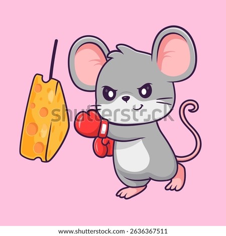 Cute Mouse Boxing Cheese Cartoon Vector Icon Illustration. Animal Sport Icon Concept Isolated Premium Vector. Flat Cartoon Style