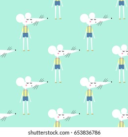 Cute mouse boy seamless pattern on mint green background. Child drawing style baby animal illustration. Fashion design for textile, wallpaper, fabric etc.