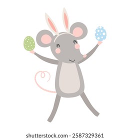 Cute mouse with bunny ears, holding Easter eggs in basket character illustration. Hand drawn flat style design, isolated vector. Holiday clip art, kids print element, seasonal card, banner, poster