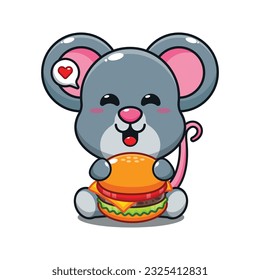 ratón lindo con ilustración vectorial de caricatura de hamburguesa.