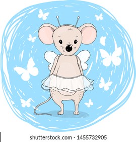 Cute mouse in butterfly costume on blue background. Mouse in a fluffy skirt and wings with white butterflies. Colorful vector illustration in sketch style. Hand-drawn.