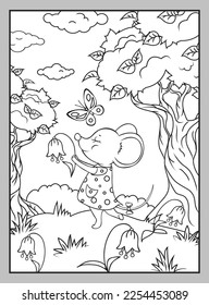 Cute mouse with a butterfly on a summer lawn. Coloring page. Vector black and white image.