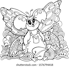 Cute Mouse with Butterfly wings, holiday dreaming vector doodle stock illustration, isolated black and white print for poster, greeting or invitation card, children coloring book, t-shirt, fabric