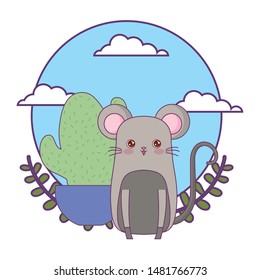 cute mouse with cactus in pot plant and crown leafs