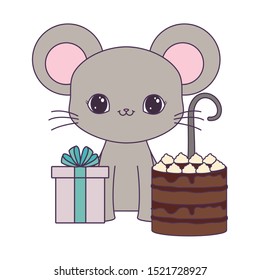 cute mouse with cake of birthday and gift box vector illustration design