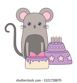 cute mouse with cakes of birthday vector illustration design