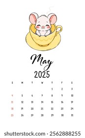 Cute Mouse Calendar for May 2025, A charming illustration of a cartoon mouse happily sitting in a yellow teacup, featured in a calendar layout for May 2025