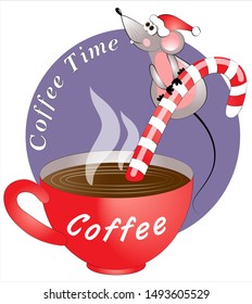 
Cute mouse with a candy and a cup of coffee. Cozy coffee time.  New Year card, t-shirt composition, handmade vector illustration.