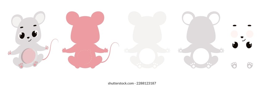 Cute mouse candy ornament. Layered paper decoration treat holder for dome. Hanger for sweets, candy for birthday, baby shower, halloween, christmas. Print, cut out, glue. Vector illustration.
