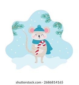 Ratón lindo en un casquillo con un bastón de caramelo de las Navidades. Carácter animal del bosque en invierno. Ilustración vectorial para niños