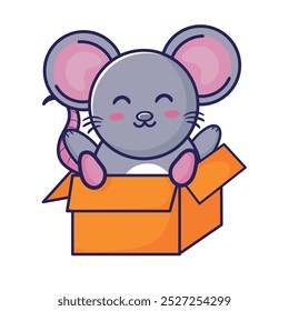 cute mouse in a cardboard box isolated
