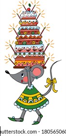 Cute mouse is carrying a big cake. Colored vector for card or gift.