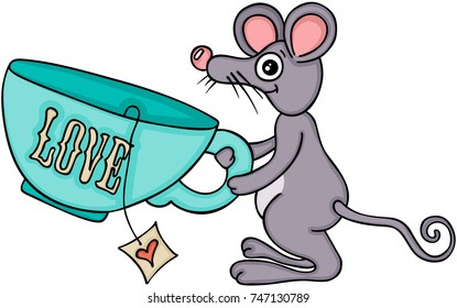 Cute mouse carrying love cup of tea
