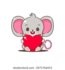 Cute mouse cartoon character holding big love heart. Adorable kawaii animal mascot vector illustration concept design. Isolated white background.