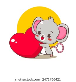 Cute mouse cartoon character holding big love heart. Adorable kawaii animal mascot vector illustration concept design. Isolated white background.