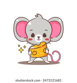 Cute mouse cartoon character holding cheese. Adorable kawaii animal mascot vector illustration concept design. Isolated white background.	