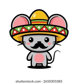 Cute Mouse Cartoon Character With Mustache And Wearing Mexico Sombrero Hat