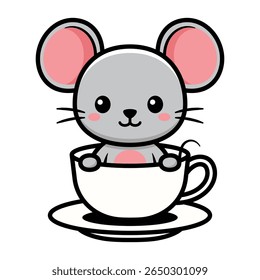 Cute Mouse Cartoon Character In A Tea Cup