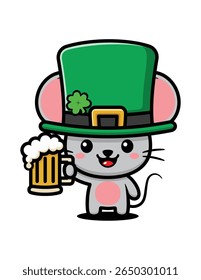 Personagem De Desenho Animado De Rato Bonito Usando Chapéu De São Patrício E Segurando Uma Cerveja