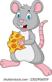 Cute mouse cartoon holding cheese. Illustration of cute animal mascot
