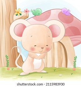 Cute mouse cartoon illustration watercolor style