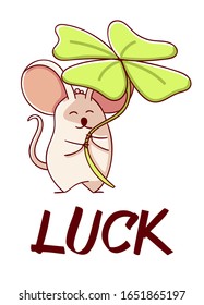 Cute mouse cartoon kawaii flat print luck hand drawn isolated on white background