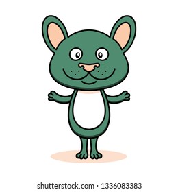 Cute mouse, cartoon linear art, animal sketch. Vector illustration of little smile happy mouse, flat outline style, isolated on white background.