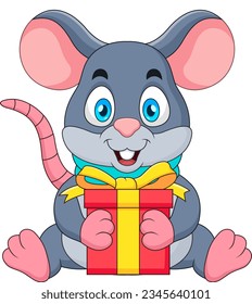 Caricatura de ratón lindo sentada y sosteniendo una caja de regalo