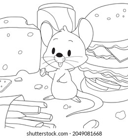 Cute mouse cartoon standing among food include hamberger,cheese,Crips,soft drink.Vector illustration isolated on white background.Coloring book pages