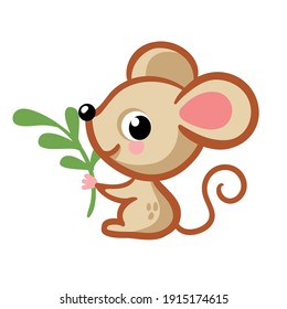 Cute mouse in a cartoon style sits on a white background and holds a twig in his hand. Vector illustration with animal rodent.
