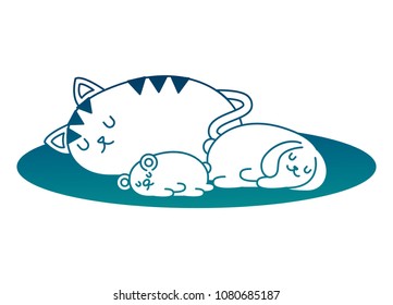 cute mouse and cat rabbit animals lying in the floor cartoon