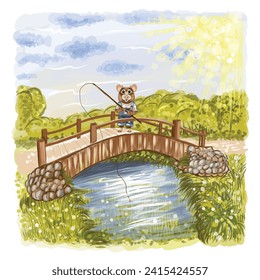 Cute Mouse catches fish. Fairy tale cartoon. Color, graphic, hand-drawn cartoonof on a nature background. Wall stickers