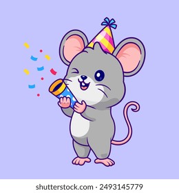 Cute Mouse Celebrate Birthday Party Cartoon Vector Icon Illustration. Animal Holiday Icon Concept Isolated Premium Vector. Flat Cartoon Style