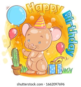 Cute mouse celebrating Happy Birthday with Gift and Balloon
