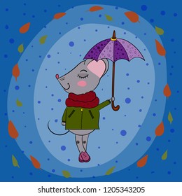 Cute mouse character in autumn in a scarf, against a background of falling leaves .Vector.