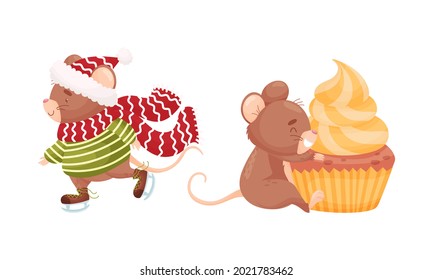 Cute Mouse Character Eis Skating and Embracing Cupcake Vector Set