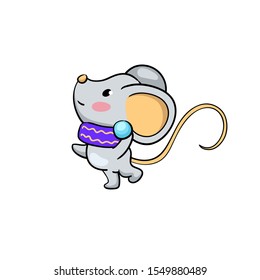 Cute mouse character play snowball. Snow fight. Funny rat vector illustration on white background. 2020 New Year or Lunar zodiac year symbol Rat. Mouse isolated. Winter season activity. Outdoor sport