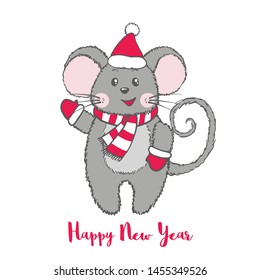 Cute Mouse character in Santa Claus hat with scarf and mittens isolated on white background. Zodiac rat of 2020 
 chinese year. Vector illustration.