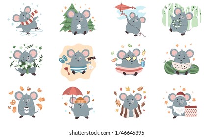 Cute mouse character set isolated on white background vector illustration. Cute mice with different emotions and activities. Mouses skating, playing snowballs, flying kite, sleeping