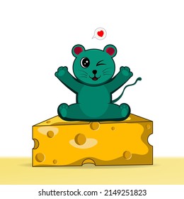 Cute mouse character sitting on cheese. Suitable for mascot or printed on t-shirts.