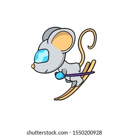 Cute mouse character skiing. Amiable rat vector illustration on white background. 2020 New Year sticker. Oriental zodiac year symbol Rat. Mouse skiing isolated. Winter season activity. Outdoor sport
