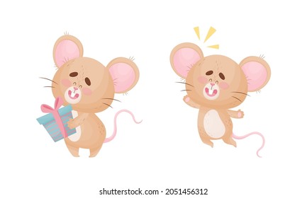 Cute Mouse Character as Small Rodent Jumping with Joy and Holding Gift Box Vector Set